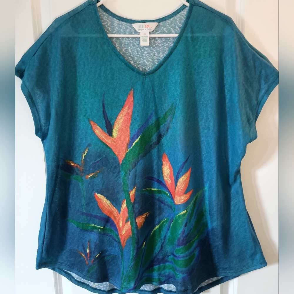 Art & Sol Ladies XL Teal with Bird of Paradise Tunic Top